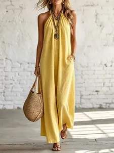 Stylish yellow linen-cotton halter sleeveless maxi dress for ladies summer vacation