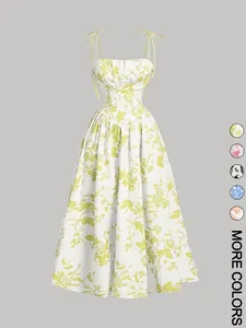 Vestido veraniego blanco con flores, tirantes ajustables y falda midi de línea A