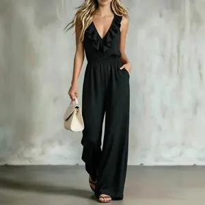 Elegant black sleeveless jumpsuit with ruffled V-neckline and wide leg silhouette