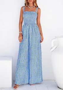 Vintage blue and white checkered wide-leg jumpsuit with a smocked bodice detail