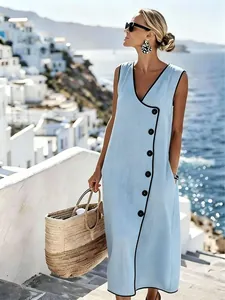 Light blue summer resort maxi dress with contrast black piping and button details