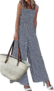 Retro blue and white gingham smocked wide-leg jumpsuit for women sleeveless design