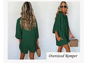Pagliaccetto estivo oversize verde scuro con colletto abbottonato e tasche laterali