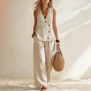 Élégant ensemble de villégiature 2 pièces pour femmes gilet en lin et pantalon large