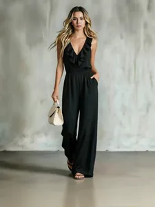Elegant black V-neck ruffled sleeveless jumpsuit with pockets for women's summer fashion style