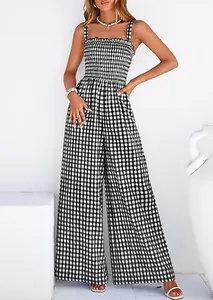 Full-length detail view of a black and white gingham jumpsuit with a smocked bodice.