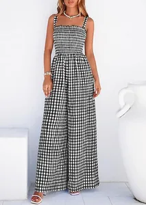 Detailed view of a stylish retro gingham smocked wide-leg jumpsuit for summer