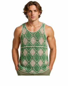 Stylish mens contrast color diamond crochet knit tank top sleeveless summer vest