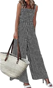 Stylish black and white checkered smocked jumpsuit with wide legs for summer
