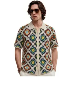 Retro men's crochet knit polo shirt featuring colorful diamond patterns and hollow-out texture.