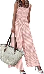 Detail view of pink gingham smocked wide-leg jumpsuit for summer style
