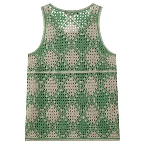 Detail of green and beige crochet diamond hollow-out knit sleeveless vest top