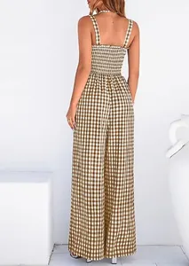 Detailed back view of a brown and white gingham sleeveless wide-leg jumpsuit for summer