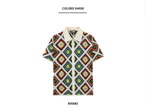 Men's crochet knit polo shirt with colorful geometric squares in khaki