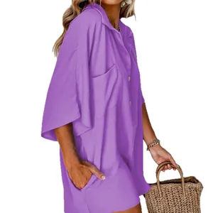 Tuta estiva casual larga con mezze maniche e tasche per donna in viola vivace