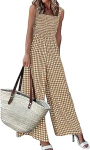 Detail view of retro gingham smocked jumpsuit with wide leg design for women.