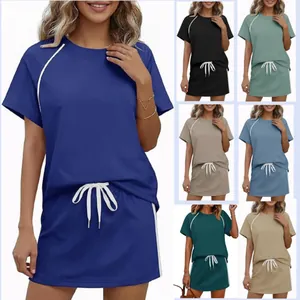 Conjunto de Top And Bottom Deportivo Casual para Mujer Camiseta a Rayas de Manga Corta con Cuello Redondo y Minifalda con Cordón