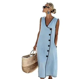 Loose light blue V-neck vacation maxi dress with black trim and side buttons