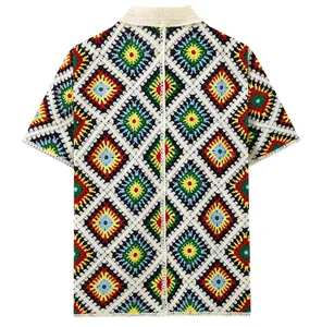 Back view of colorful crochet knit polo shirt with geometric diamond pattern.