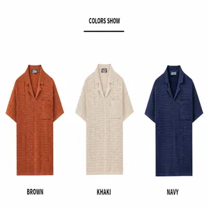 Detailed color display of men's Cuban collar knit polo shirts in brown, khaki, and navy.