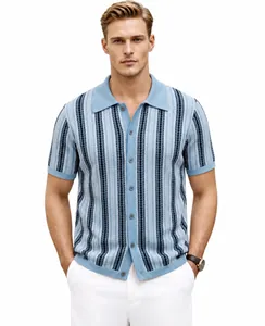 Close-up of men's knit polo cardigan with vertical stripe jacquard and button front.