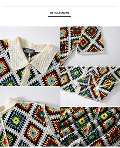 Detailed view of colorful crochet knit polo shirt with granny square patterns.