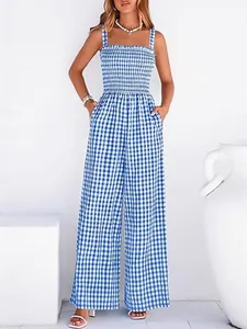 Retro Gingham Smocked Jumpsuit For Women Summer Sleeveless Spaghetti Strap Wide Leg Jumpsuit Backless Artistic Plaid One Piece