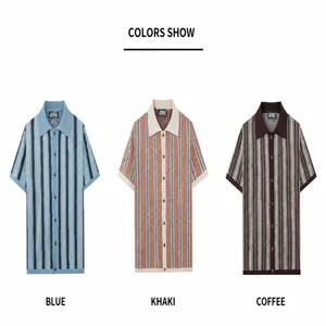 Men's jacquard knit polo shirt cardigan available in blue, khaki, and coffee colors