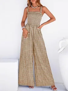 Vintage brown gingham sleeveless jumpsuit with smocked bodice and wide-leg trousers
