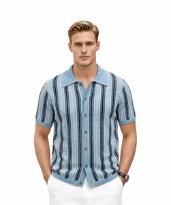Front view of men's blue jacquard polo cardigan with vertical stripe knit details
