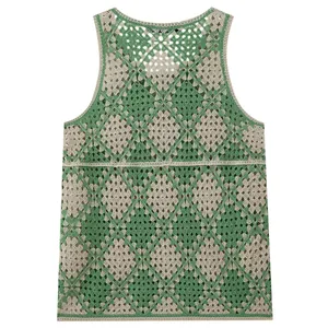 Casual men's crochet knit hollow-out vest featuring a green diamond argyle floral pattern