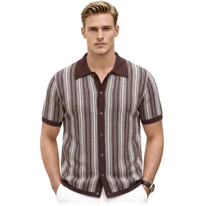 Close-up shot of men's short sleeve knit polo cardigan with elegant brown jacquard pattern
