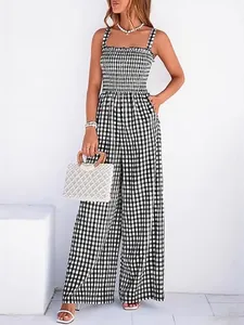 Retro black and white gingham smocked jumpsuit with wide-leg trousers for summer
