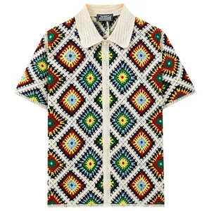 Men's colorful diamond crochet knit short-sleeve polo shirt with retro hollow texture