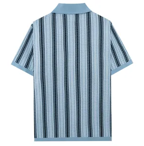 Detailed back view of light blue men's jacquard knit polo shirt with vertical stripes