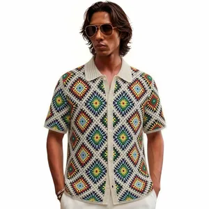 Men's stylish crochet hollow knit polo shirt with multi-color diamond pattern design