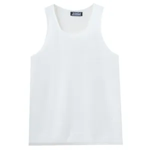 Men's stylish summer casual knitted tank top with a deep U-neck in solid white color