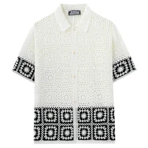 Men's casual crochet knit polo shirt with black and white contrast floral hem