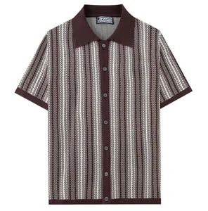 Detailed view of the jacquard pattern on a men's knit short-sleeve polo shirt