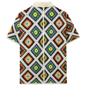 Men's retro colorful crochet knit short sleeve polo shirt with hollow diamond pattern