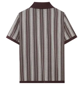 Back view of a men's knitted Polo shirt featuring vertical jacquard herringbone pattern