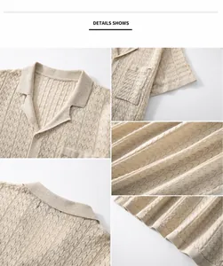 Close-up shots of off-white knitted polo shirt showing texture, collar and buttons.