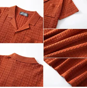 Macro view of rust orange knit polo shirt showing textured weave and Cuban collar details