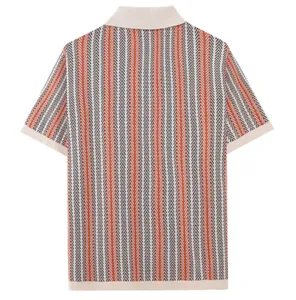 Back view of men's knitted Polo shirt featuring orange and grey chevron jacquard patterns.