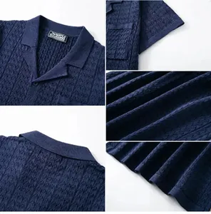 Detailed macro view of navy blue knitted polo shirt texture and Cuban collar design
