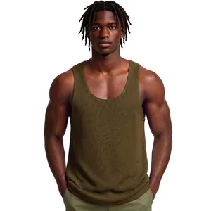 Western style deep U-neck knitted tank top in olive green for men summer sports wear