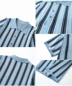 Detailed close-up view of men's blue striped jacquard knit polo shirt cardigan