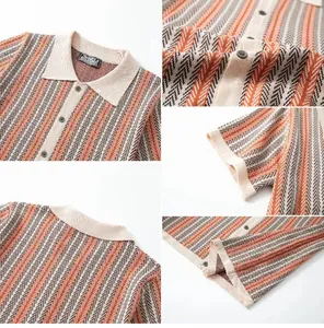 Close-up details of men's jacquard knit Polo shirt with zigzag pattern and buttons