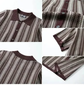 Close-up details of men's knitted jacquard polo shirt with vintage herringbone pattern