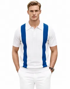 Polo da uomo in maglia a maniche corte con strisce verticali blu e colletto classico a rever